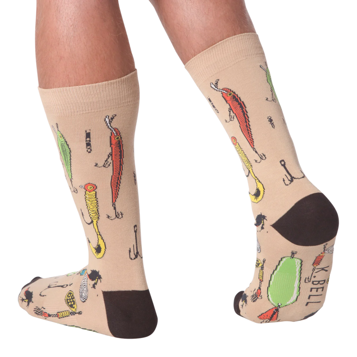 Lifestyle shot:  Person wearing tan Fishing Lure socks, showcasing the design from the back.