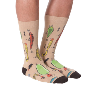 Another lifestyle shot:  Person wearing tan Fishing Lure socks, showcasing the design from the front.