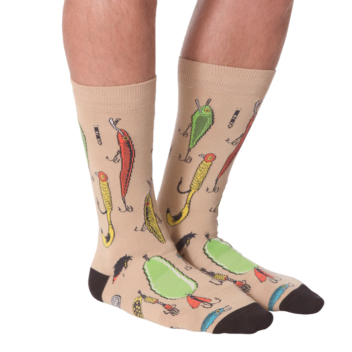 Another lifestyle shot:  Person wearing tan Fishing Lure socks, showcasing the design from the front.