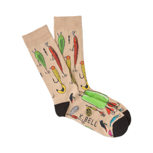 Pair of tan crew socks with a fun pattern of colorful fishing lures.  Black cuffs.