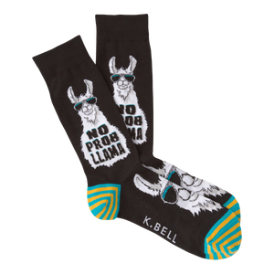 black crew socks featuring a llama wearing sunglasses with the phrase 