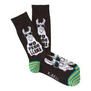 Pair of crew socks, black with teal and yellow stripes. Features a cool llama wearing sunglasses and the phrase 'No Prob Llama'.