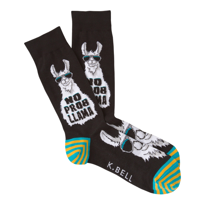 Pair of crew socks, black with teal and yellow stripes. Features a cool llama wearing sunglasses and the phrase 'No Prob Llama'.