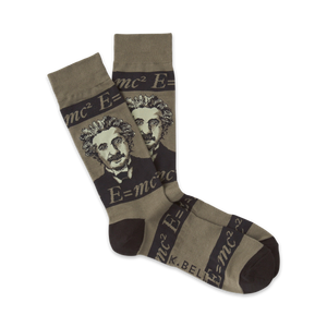 Pair of crew socks in olive green and brown. Einstein's portrait and the equation E=mc² are featured in a repeated pattern.