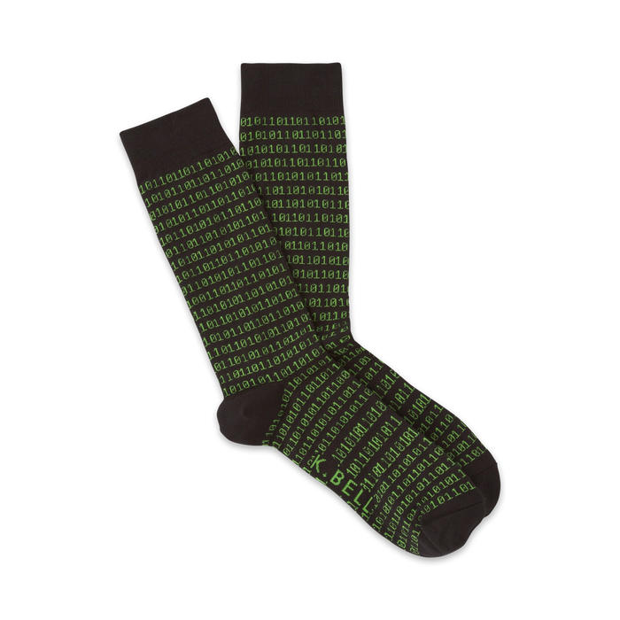 Pair of dark grey crew socks featuring a repeating pattern of bright green binary code. }}