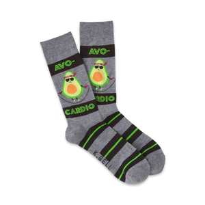 gray avo-cardio crew socks with green/black stripes. avocados in sunglasses jumping rope. 