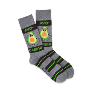 Crew socks in gray with lime green stripes.  A cartoon avocado with sunglasses jump ropes on the socks.