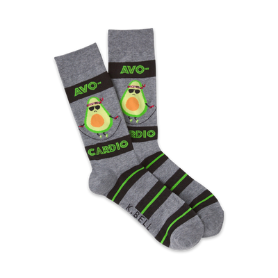 Crew socks in gray with lime green stripes.  A cartoon avocado with sunglasses jump ropes on the socks.