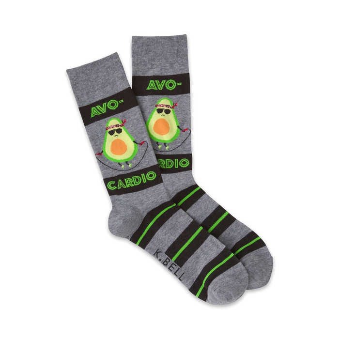 Crew socks in gray with lime green stripes.  A cartoon avocado with sunglasses jump ropes on the socks.