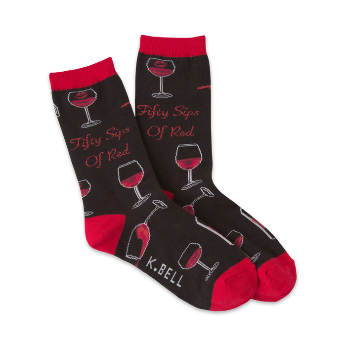 Pair of crew socks; black with red wine glasses, bottles, and 'Fifty Sips of Red' text.