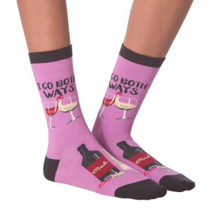 Close-up shot: A pair of 'I Go Both Ways' socks, showcasing details like wine bottle and glass designs.