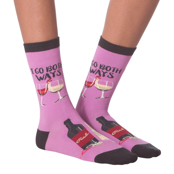Close-up shot: A pair of 'I Go Both Ways' socks, showcasing details like wine bottle and glass designs.
