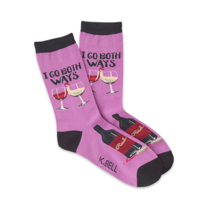 Pair of purple crew socks with a playful 'I Go Both Ways' wine theme. Features red and white wine glasses and bottles.