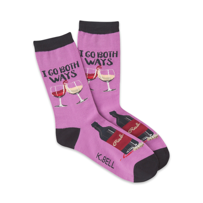 purple crew socks with 'i go both ways' text and wine graphics.  