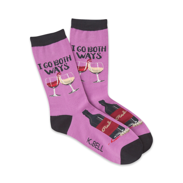 Pair of purple crew socks with a playful 'I Go Both Ways' wine theme. Features red and white wine glasses and bottles.