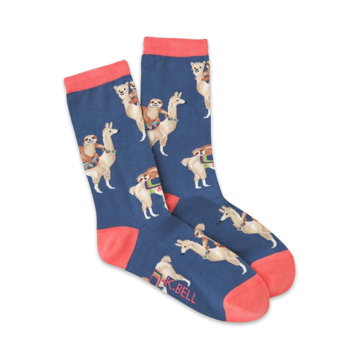 women's blue crew socks with sloth riding llama pattern, grey sloths, beige llamas, brown fur on llama heads and necks, pink toes and heels.   }}