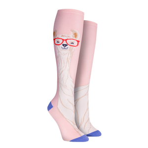 Close-up shot of Llama With Glasses knee-high socks against a black background, showcasing the sock's design details and color palette.
