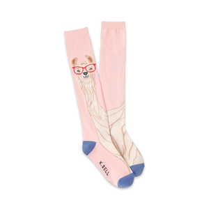 Pair of pink and cream knee-high socks featuring a whimsical illustration of a llama wearing red glasses. Blue accents at the cuffs.