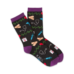 black crew socks with a pattern of hearts, stethoscopes, syringes, and bandages. for medical professionals and students  