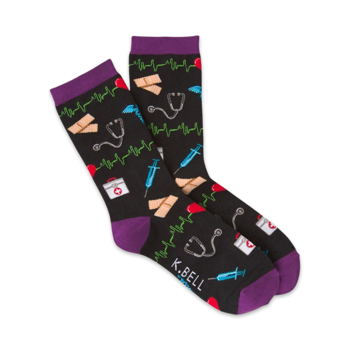 black crew socks with a pattern of hearts, stethoscopes, syringes, and bandages. for medical professionals and students  