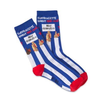 Pair of blue and white striped crew socks. Features a design of diverse hands holding a sign that says 'Suffragette Spirit 1918-2018, New Generation'.