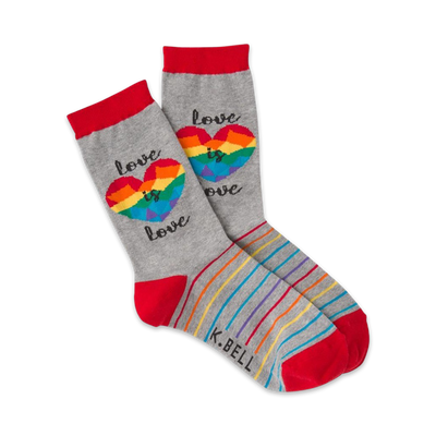 A pair of gray crew socks with a rainbow heart and 'Love is Love' text. Red cuffs and rainbow stripes add a pop of color.