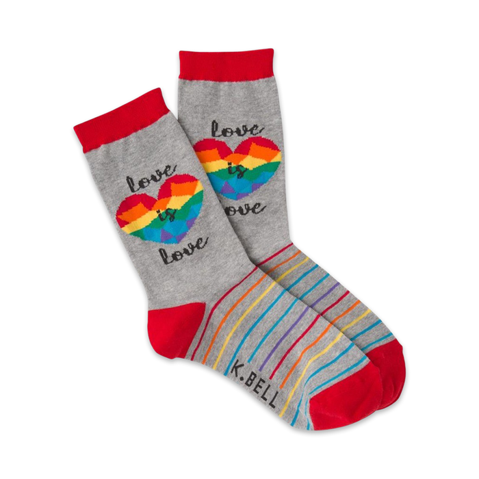 gay lesbian pride rainbow heart, love is love gray red black word crew socks.   }}