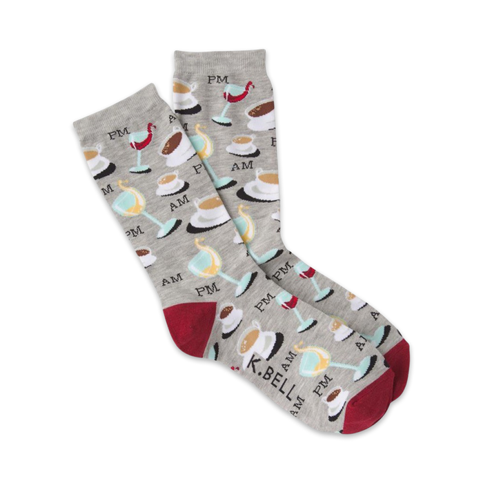 gray crew socks with pattern of coffee cups and wine glasses, red toes and heels, made for women.    }}
