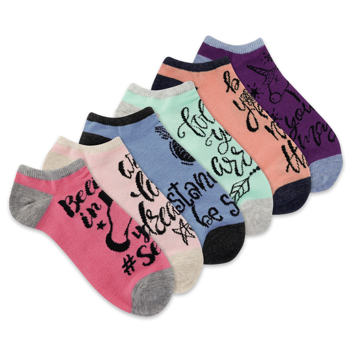 Six women's ankle socks in pastel colors (pink, purple, mint, light blue, beige) with inspirational messages and small design elements like a unicorn and feathers. }}
