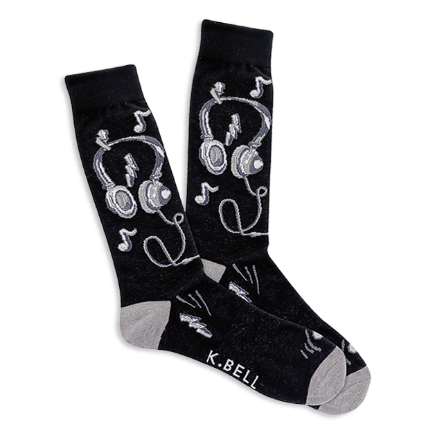 Pair of black crew socks with white and gray headphones, musical notes, and lightning bolt designs. Light gray heel and toe. }}