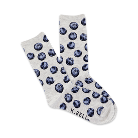 light gray crew socks with scattered dark blue blueberry pattern.  
