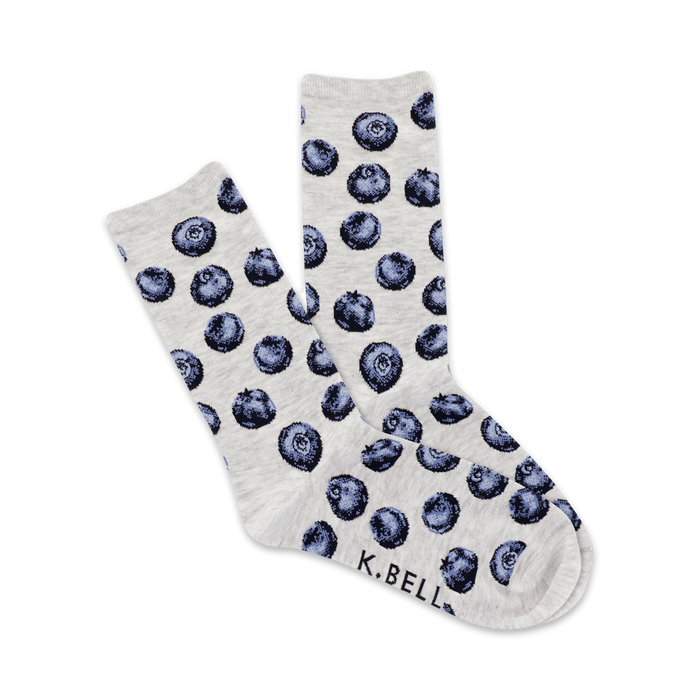 A pair of heather gray crew socks with a fun blueberry print. The blueberries are dark blue and purple. }}