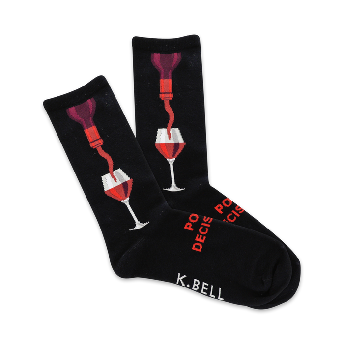 Pair of black crew socks with a red wine bottle pouring into a wine glass graphic. Text reads 'Pour Decisions'. }}