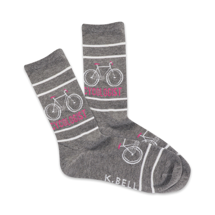 gray crew socks with pink striped pattern, bicycle graphics, and 