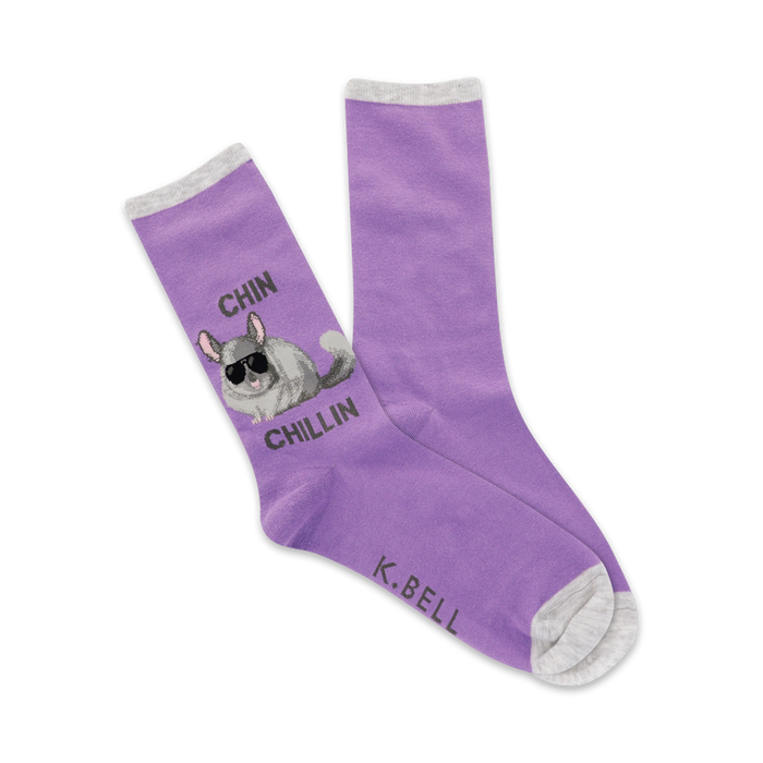 Pair of lavender crew socks with a chinchilla wearing sunglasses; text says 'Chin Chillin''. }}