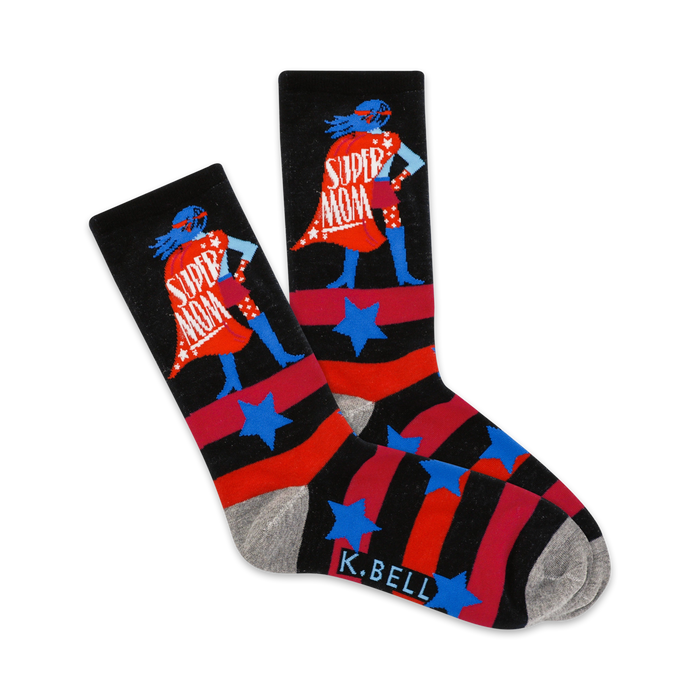red and blue striped crew socks with the words 