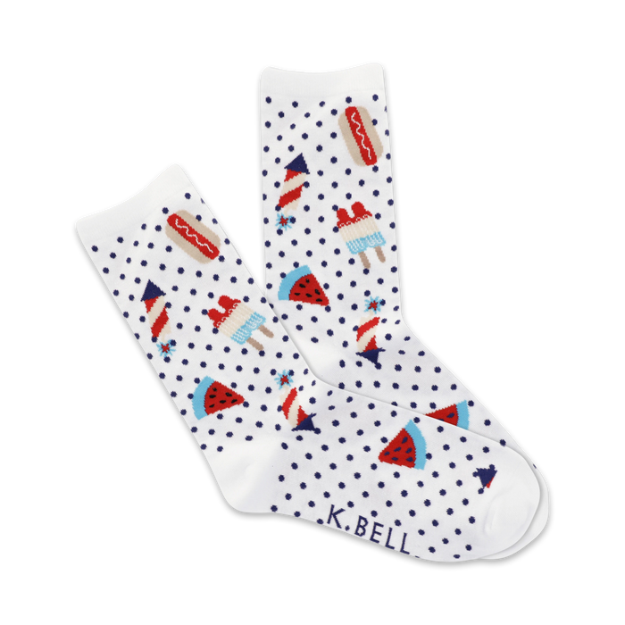 red, blue and green hotdog, popsicle, watermelon slice and firework pattern crew socks for women.   }}