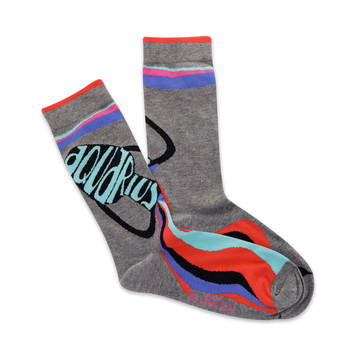 Pair of grey crew socks with a teal Aquarius symbol and multicolored wave design. Features orange, blue, and black stripes. }}