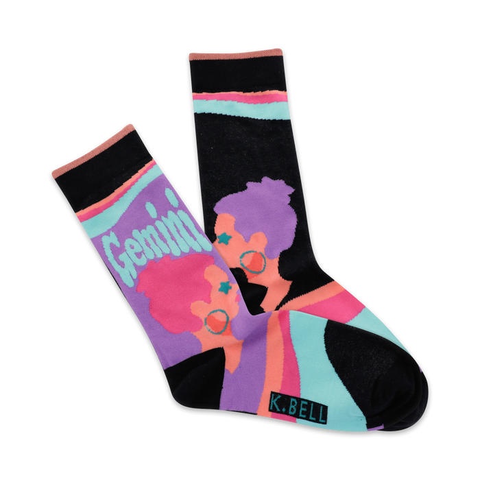 Pair of crew socks, black base with purple, pink, and teal designs. Features a retro illustration of two Gemini twins. }}