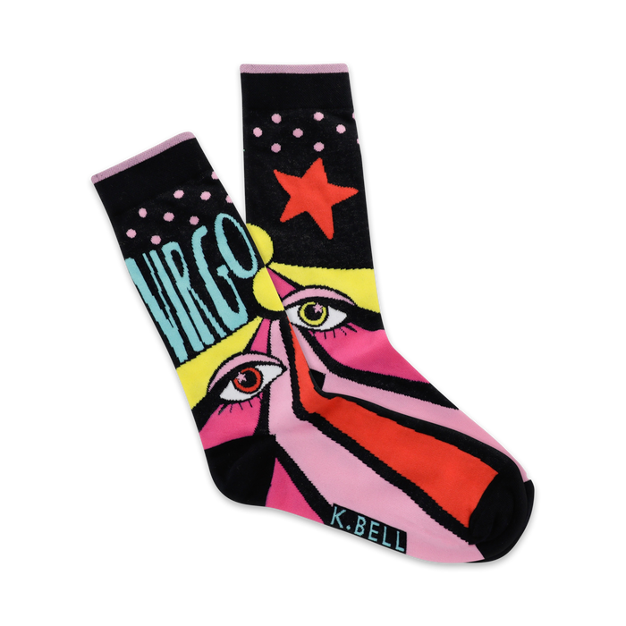 A pair of crew socks with a pop art design. Black background with pink, yellow, red and teal accents. Features the word 'Virgo' and a star. }}