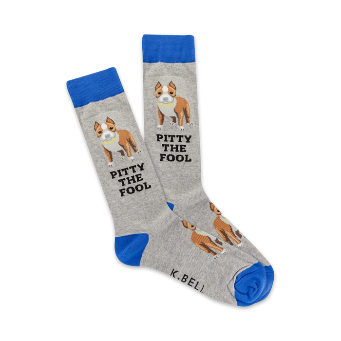 Pair of grey crew socks with a blue cuff.  Features a brown and white Pit Bull terrier image and the text 'Pitty the Fool' repeated. }}