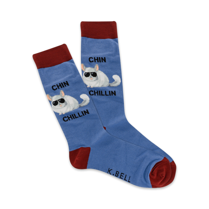 A pair of blue crew socks featuring a cool chinchilla wearing sunglasses. The socks have a maroon cuff and 'Chin Chillin' text. }}