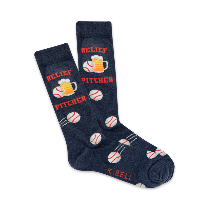 Pair of navy blue crew socks with baseballs, beer mugs, and 'Relief Pitcher' text. Fun, sporty design. }}