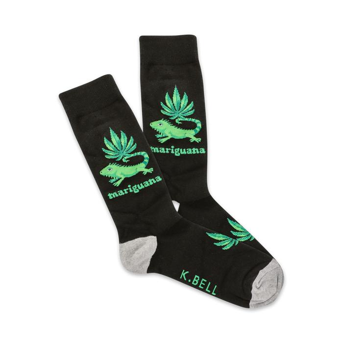 black crew socks featuring a green pattern of marijuana leaves and a green iguana in a sombrero. cannabis theme.   }}