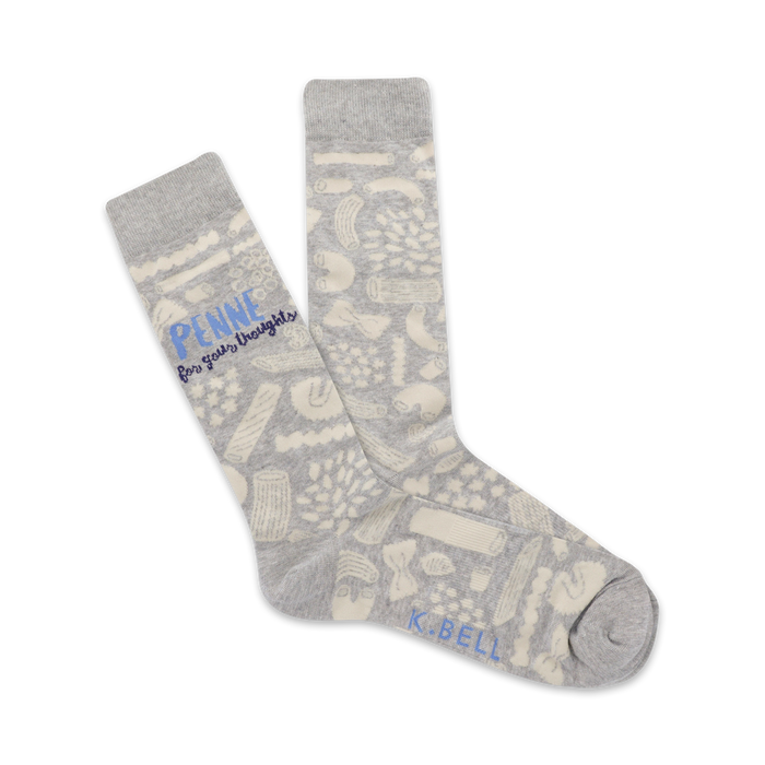 Pair of grey crew socks featuring a whimsical pasta pattern and the text 'Penne For your thoughts' in light blue. }}