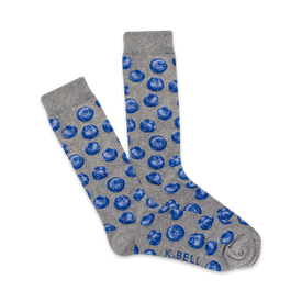 gray crew socks with a blueberry pattern in dark and light blue.  
