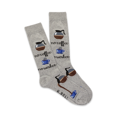 Pair of grey crew socks with a fun design featuring coffee pots, coffee cups, and the text 'No Coffee No Workee'.