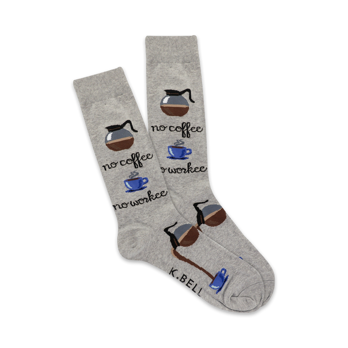  gray crew socks with coffee pot and coffee cup pattern and text 
