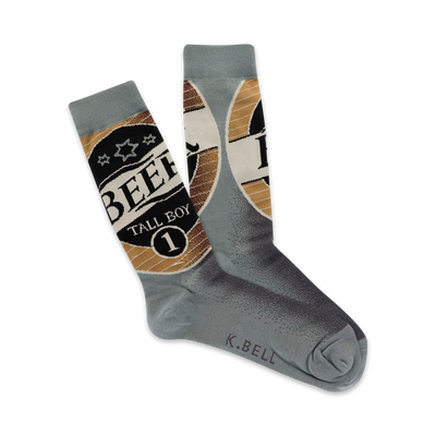 Pair of crew socks showcasing a vintage beer label design.  The socks are predominantly gray with tan and black accents.  'Tall Boy Beer' is printed on the socks.