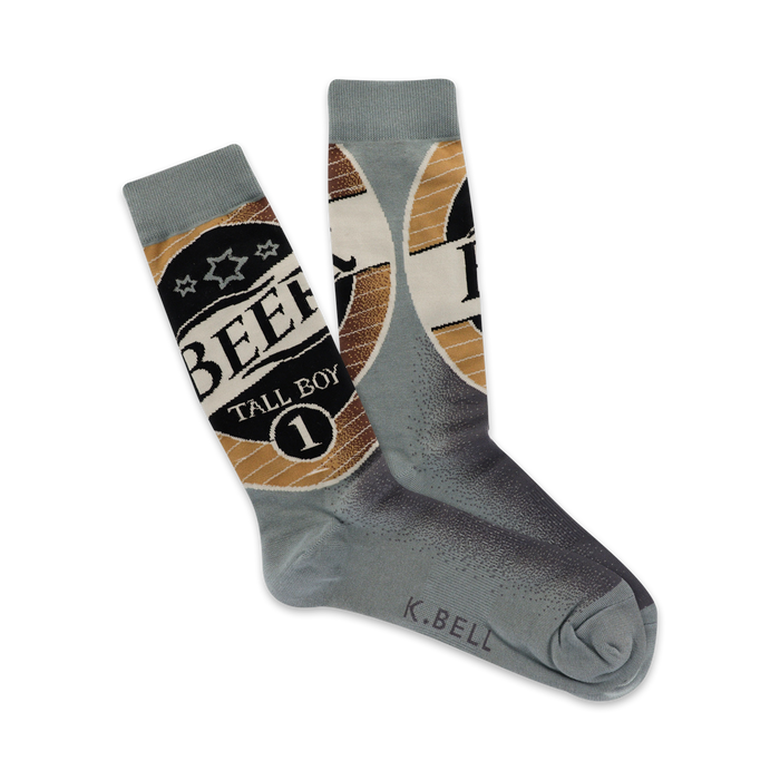 gray crew socks with brown beer label pattern and white circle with 